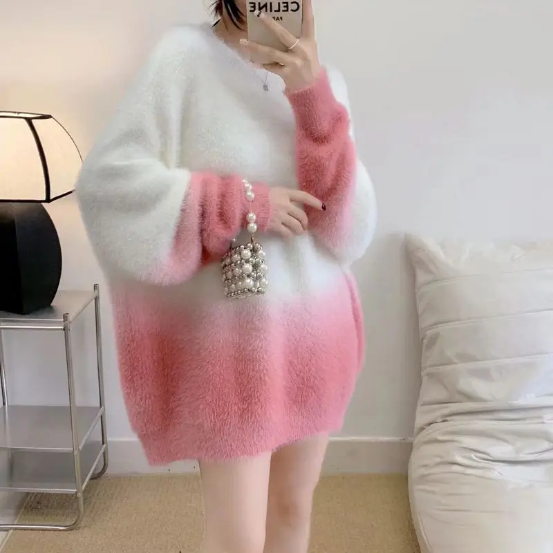 2024 Women Autumn Fashion Contrast Half Color Pullovers Female O-neck Sweater Tops Ladies Loose Long Sleeve Knit Tops