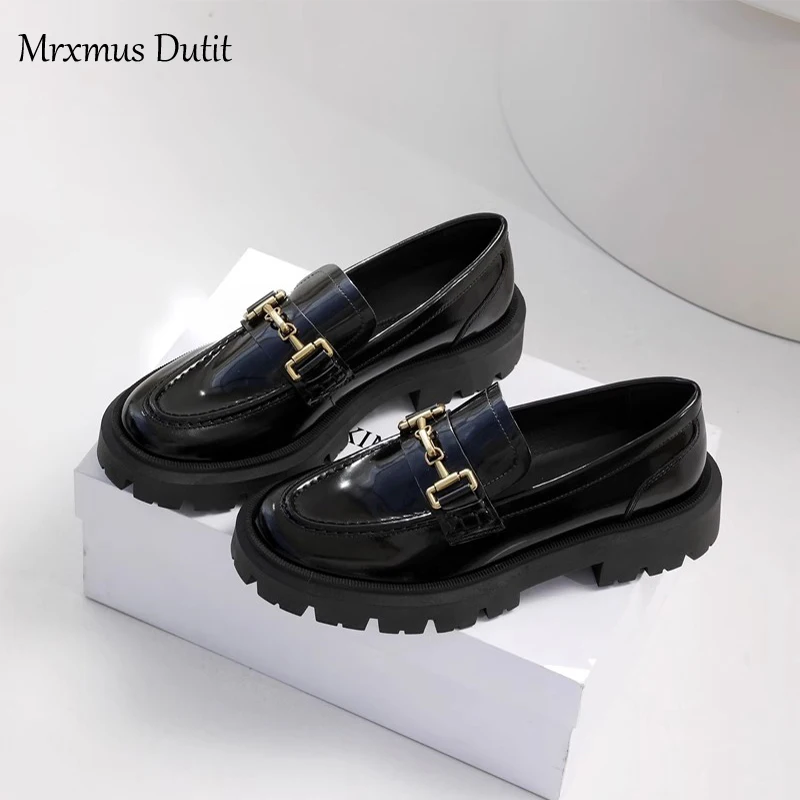 Mrxmus Dutit 2024 New Women Genuine Leather Round Head Thick Loafer Shallow Black Wild Casual Simple Slip-on Shoes Female Chic