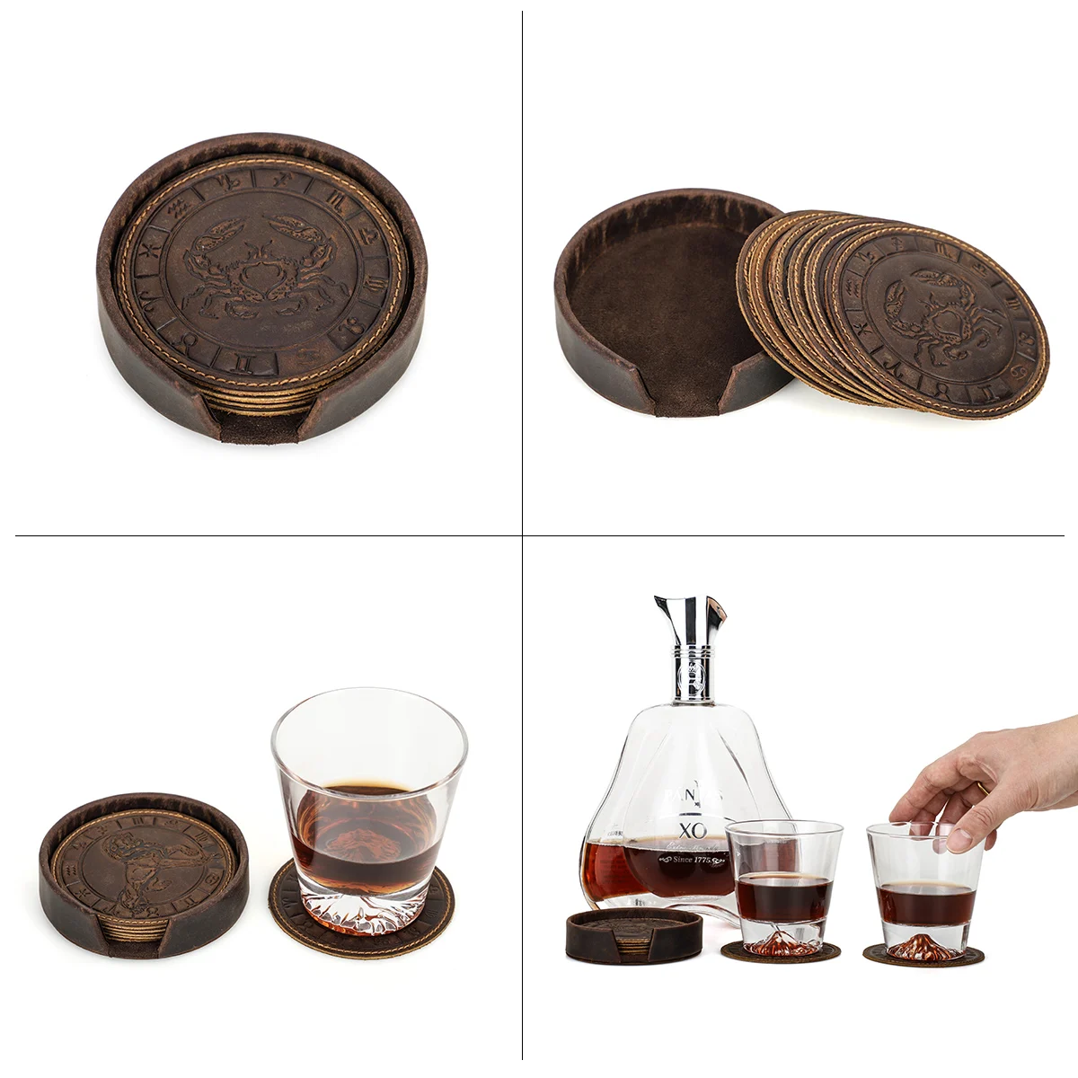 6pcs/set Genuine Leather Zodiac Coaster Drink Coffee Cup Mat Round Pad Table Placemats Round Tea Pad Home Decoration