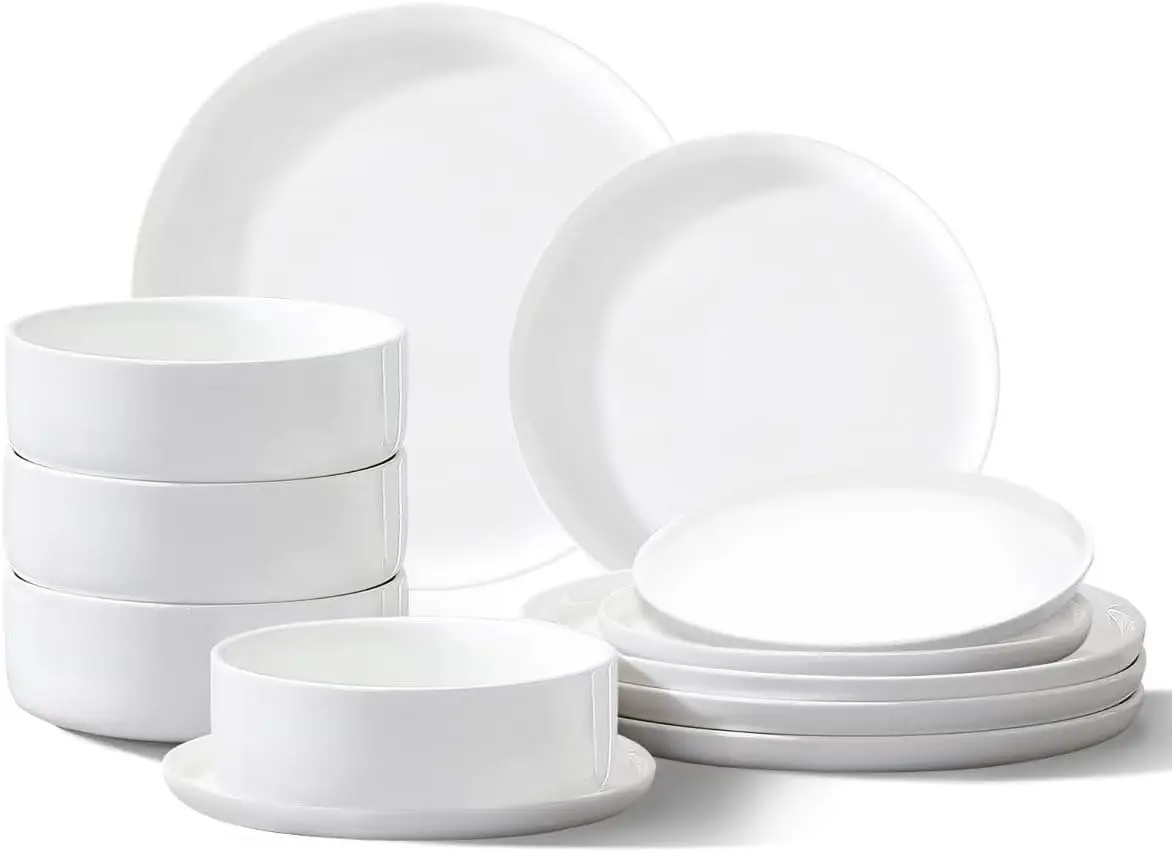 

Plates and Bowls Sets,12 Pieces Porcelain Dinnerware Sets, White Ceramic Dishes Set for 4, Dishware Sets, Microwave and Dishwash