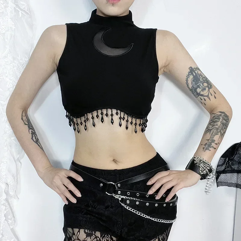 Goth Dark Cyber Y2K Skinny Turtleneck Tank Top Sexy Moon Chain Tassel Sleeveless Crop Tops Gothic Women Punk Streetwear Alt Vest