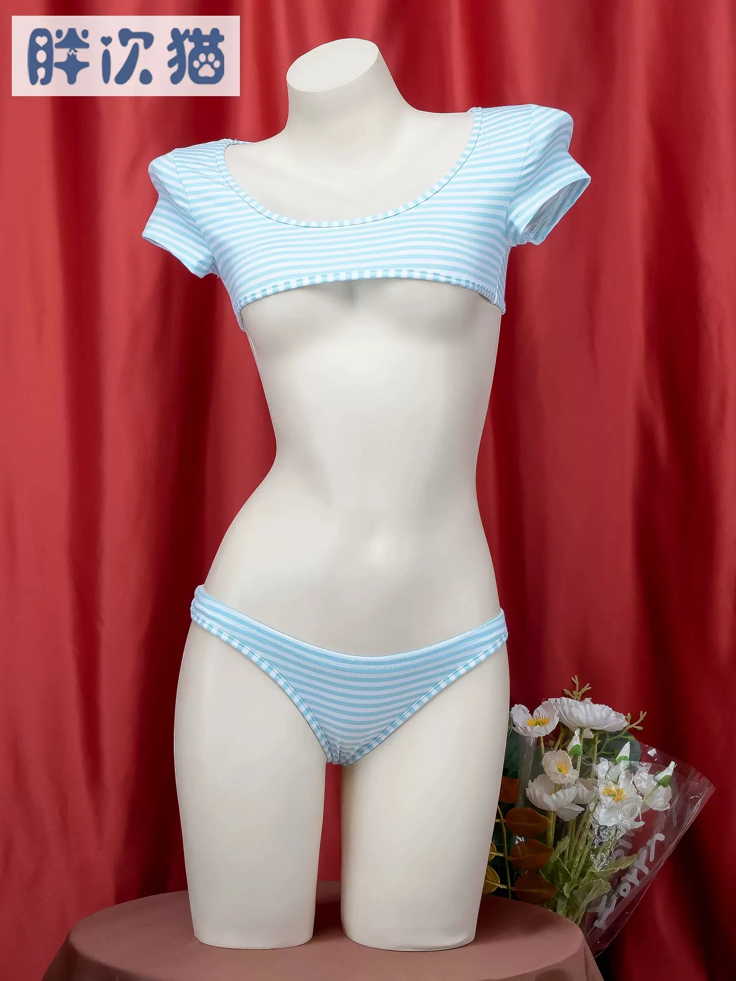 مجموعات ملابس داخلية يابانية مخططة من ثلاث نقاط ، زي تنكري للمدرسة للبنات ، زي بيكيني قصير للغاية