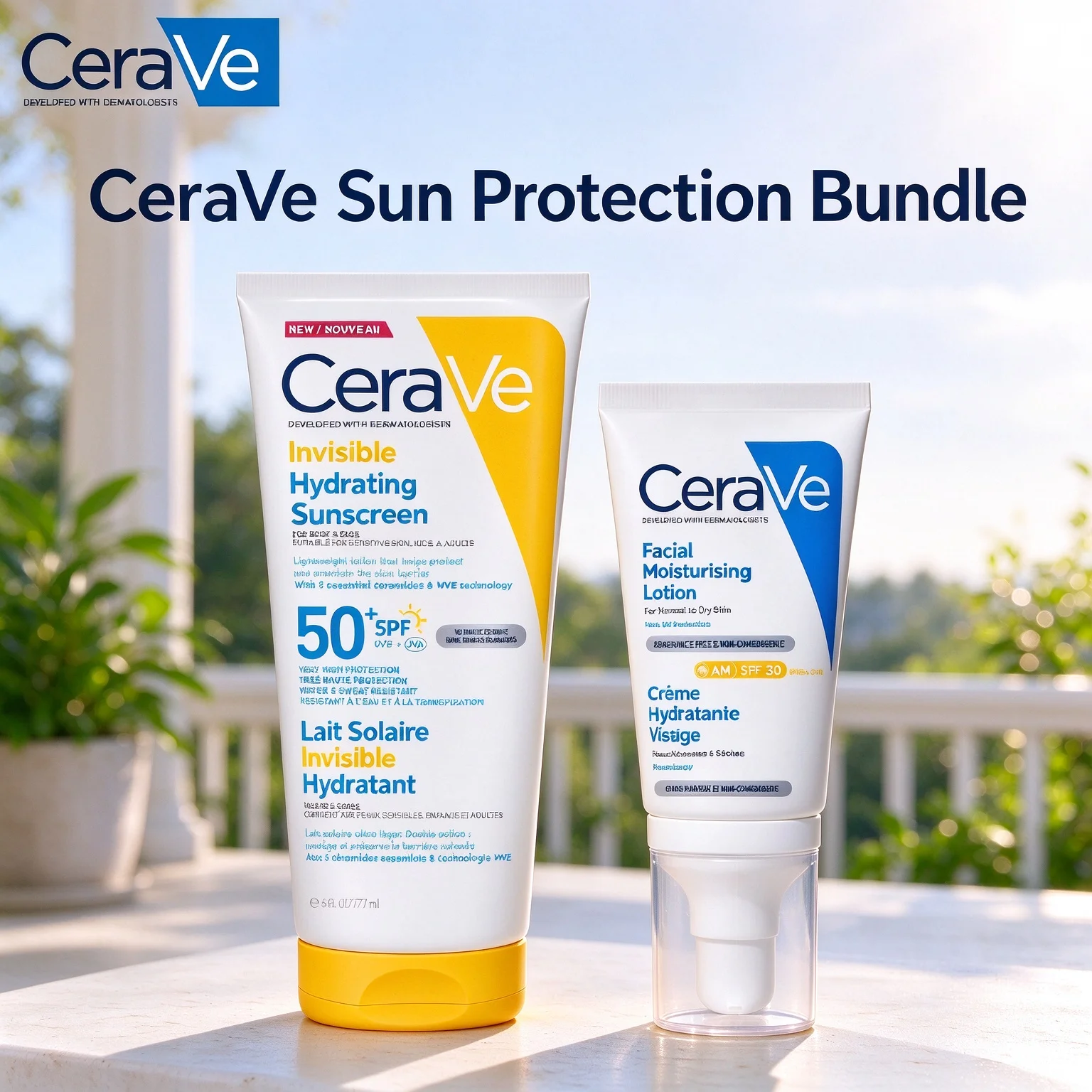 CeraVe Day Skincare Bundle Invisible Hydrating Sunscreen SPF50+ & AM Facial Moisturising Lotion SPF30 Ceramides & UV Defense