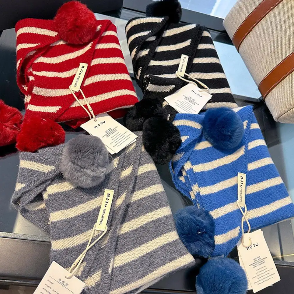 100 % Wolle, abnehmbarer Fell-Bommel-Schal, klassischer britischer gestreifter Dreiecksschal, multifunktionaler gestrickter Wollschal, warmes Kopftuch