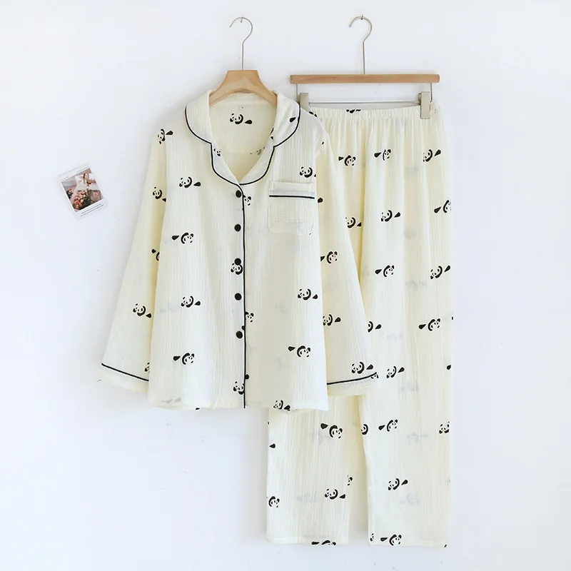 Crinkle Cotton Gauze Women‘s Pajama Set, Lapel Collar Long Sleeve Button-Down & Relaxed Fit, Breathable Lightweight Versatile Sp