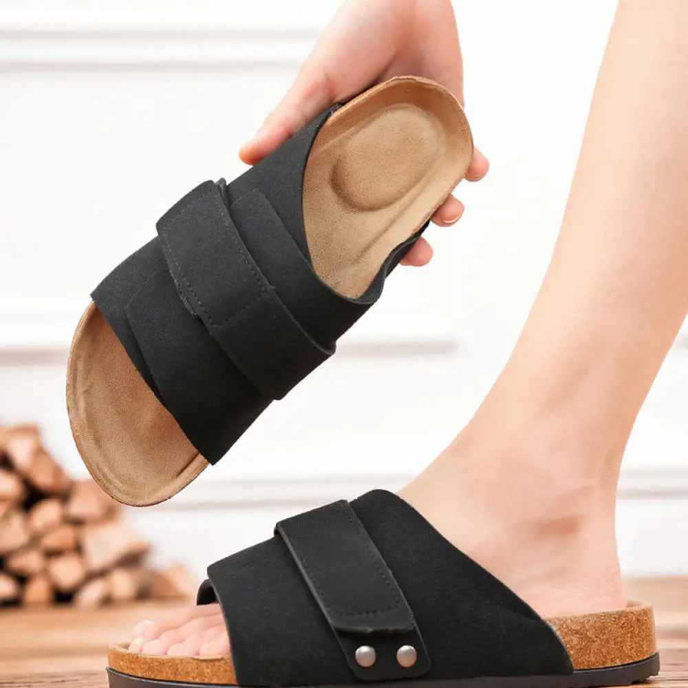 Summer Mens Cork Base Leather Slides Beach Sandals Casual Slippers Open Toe Breathable Outdoor Fashion Mens Shoe