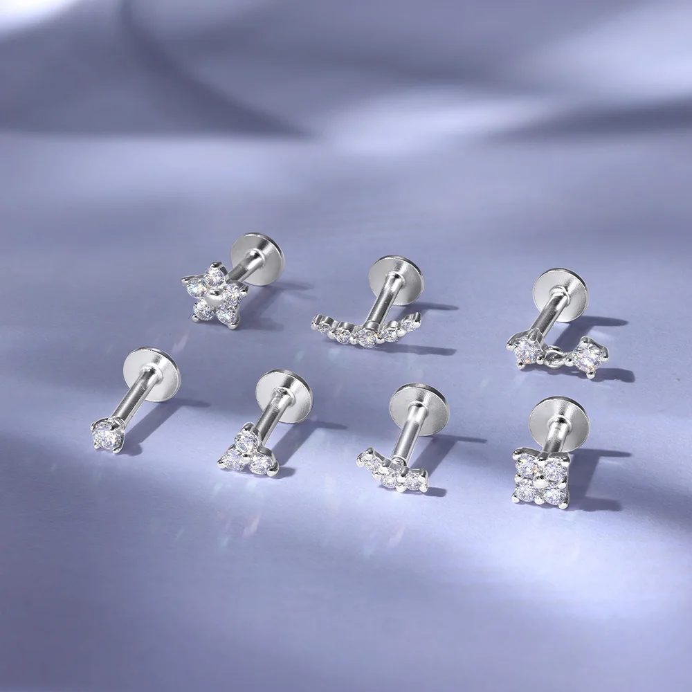 CANNER 1PC S925 Silver Natural  Cultivated Diamond Flat Head Thread Puncture Stud Earring for Women Flower Piercing Ins Jewelry