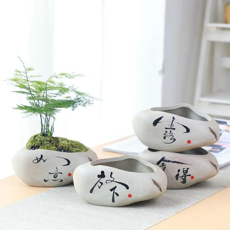 Chinese Style Retro Coarse Pottery Breathable Vase Green Plant Pot Flowerpot Desktop Ornaments Home Garden Decor