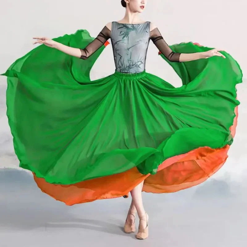 Both Sides Can Wear Dance Skirt Women Double Chiffon Skirts Elastic Waist Lace-up Maxi Skirts Elegant Female Big-hem Skirts 2025