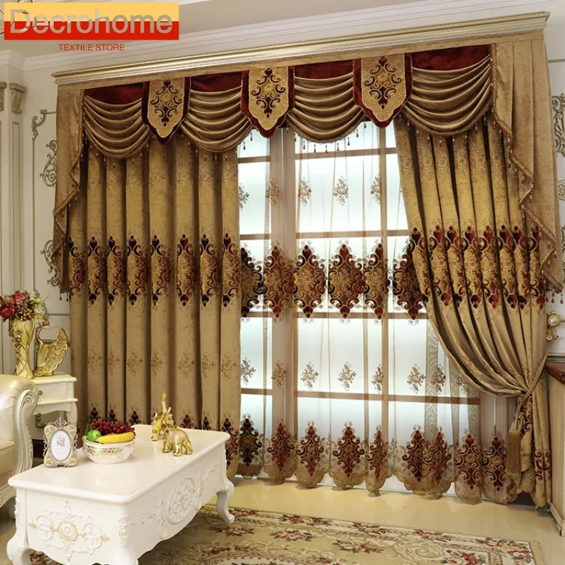 

New European Luxury Embroidered Brown Curtains for Living Room Bedroom Balcony Study Room Valance Home Cortina