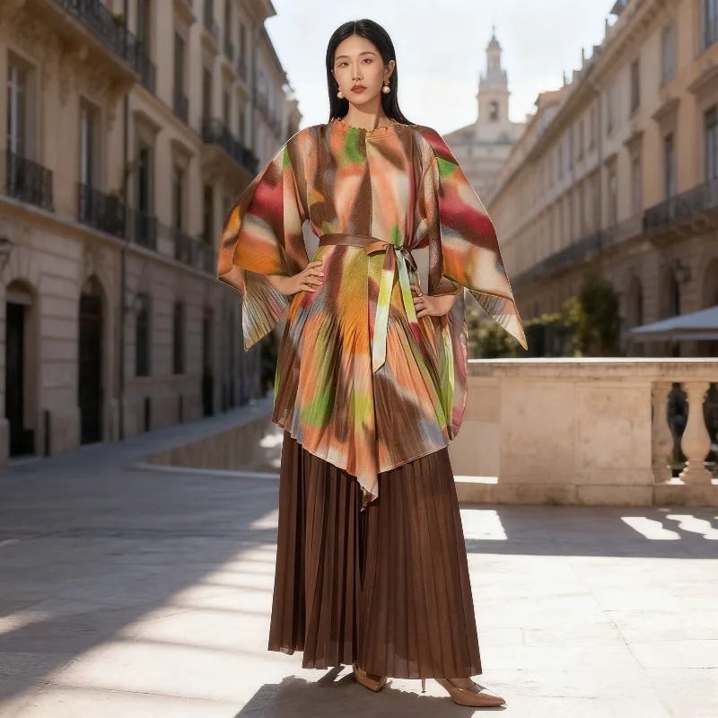 

Miyake Pleated Fashion Loose Plus Size Suit Women's Printed Pullover Tie Top High Waisted Wide Leg Pants 2 Piece Set Europe New