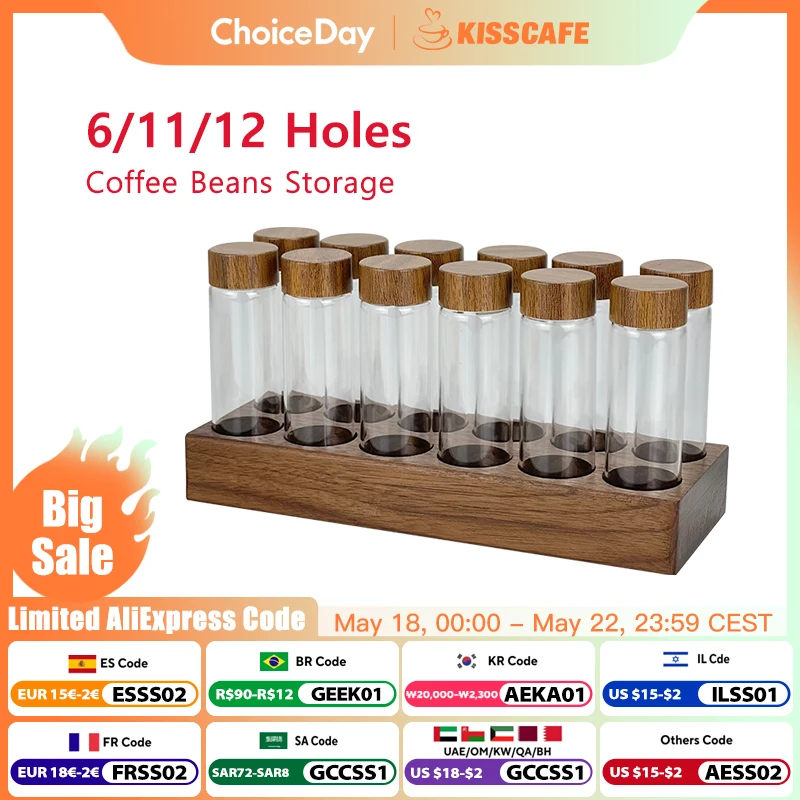 

Coffee Beans Storage Container Display Rack Walnut Tea Tube Bottle Glass Espresso Coffee Accessories Tool Barista Coffeware Sets