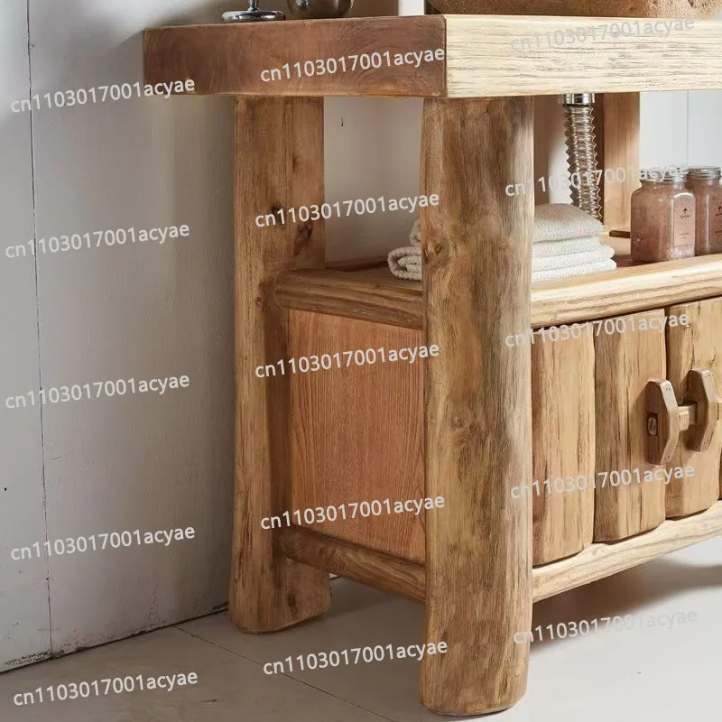 Rustic Retro Solid Elm Wood Bathroom Cabinet Set - Nostalgic Washbasin Sink with Storage Cabinet for Vintage Style Bathroom
