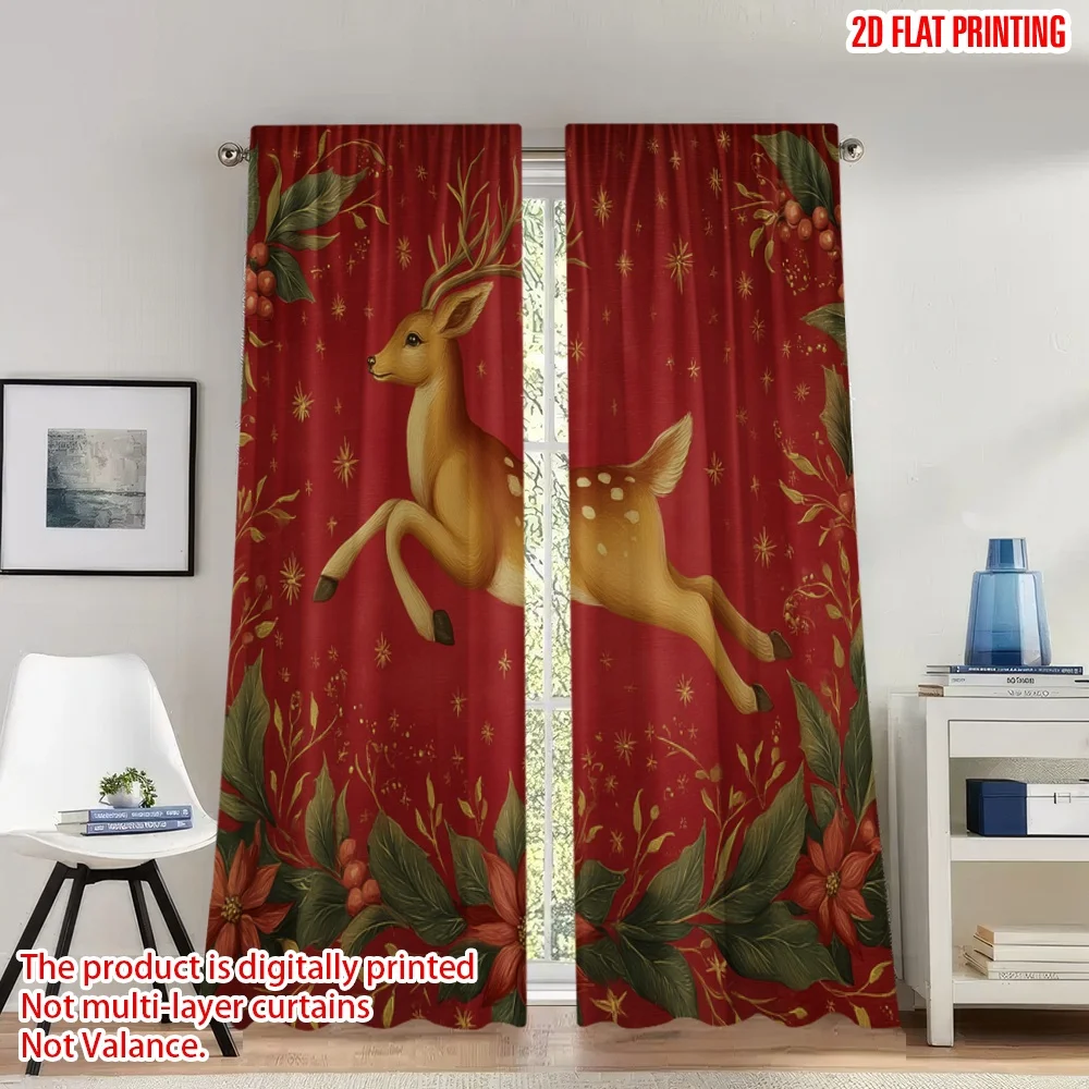 

2pcs 2D flat printing Merry Christmas Curtains Christmas Reindeer Holly Poinsettia Digital Printed Polyester Drapes Party &