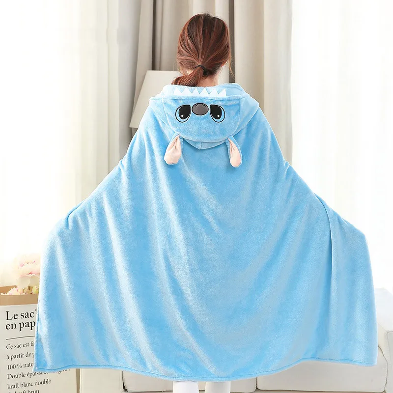 Disney Lilo and Stitch Coral Fleece Fabric Blanket with Hooded Cute Cartoon Cosplay Cloak Cape Warm Wearable Throw Blanket