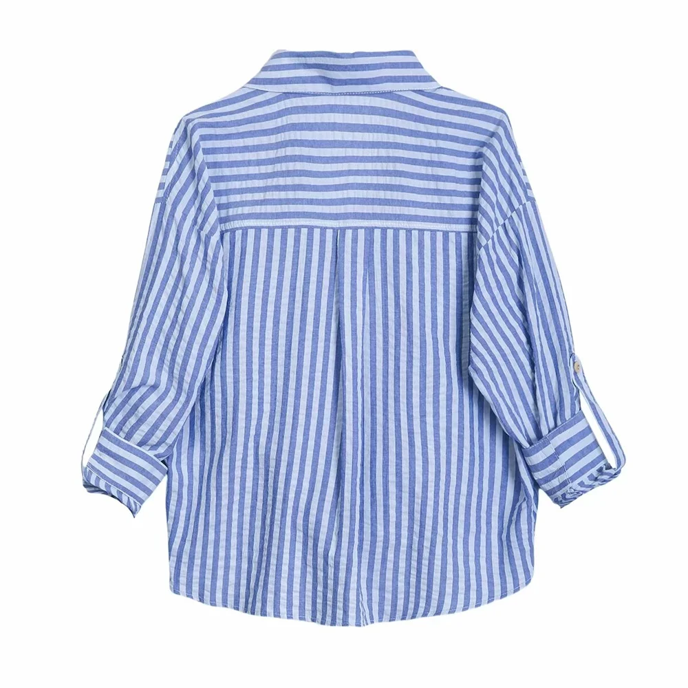 Zach Ailsa 2024 Autumn New Product Women\'s Casual Lapel Curled Long sleeved Casual Linen Blended Striped Knot Shirt