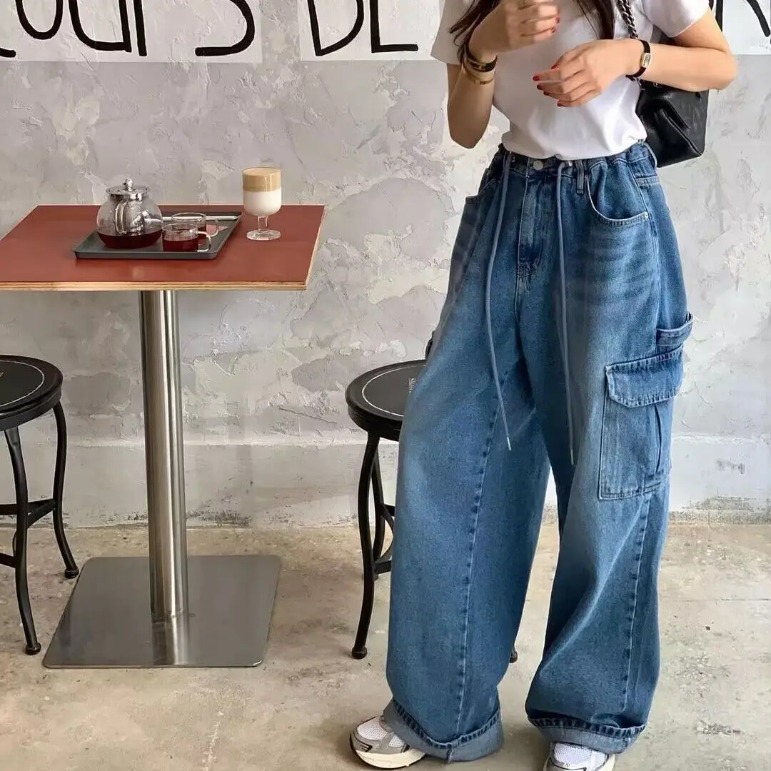 Women Jeans 2026 New Spring Women Denim Wide Leg Pants Drawstring Big Pocket Neutral Loose Casual Cargo Trousers
