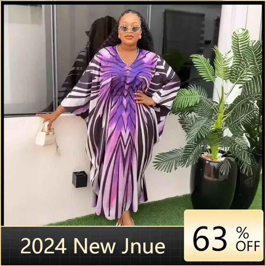 

Spring Summer Fashion Printed Robe Dress African Women Casual V-neck Bat Sleeve Loose Dress Women