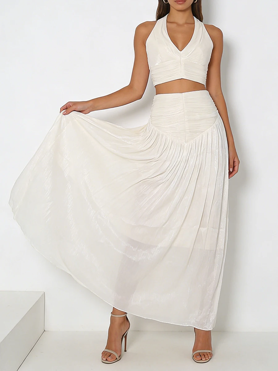 TWOTWINSTYLE Solid Slimming Elegant Two Piece Sets for Women Halter Sleeveless Vest High Waist Skirt Spliced Shirring Set Female