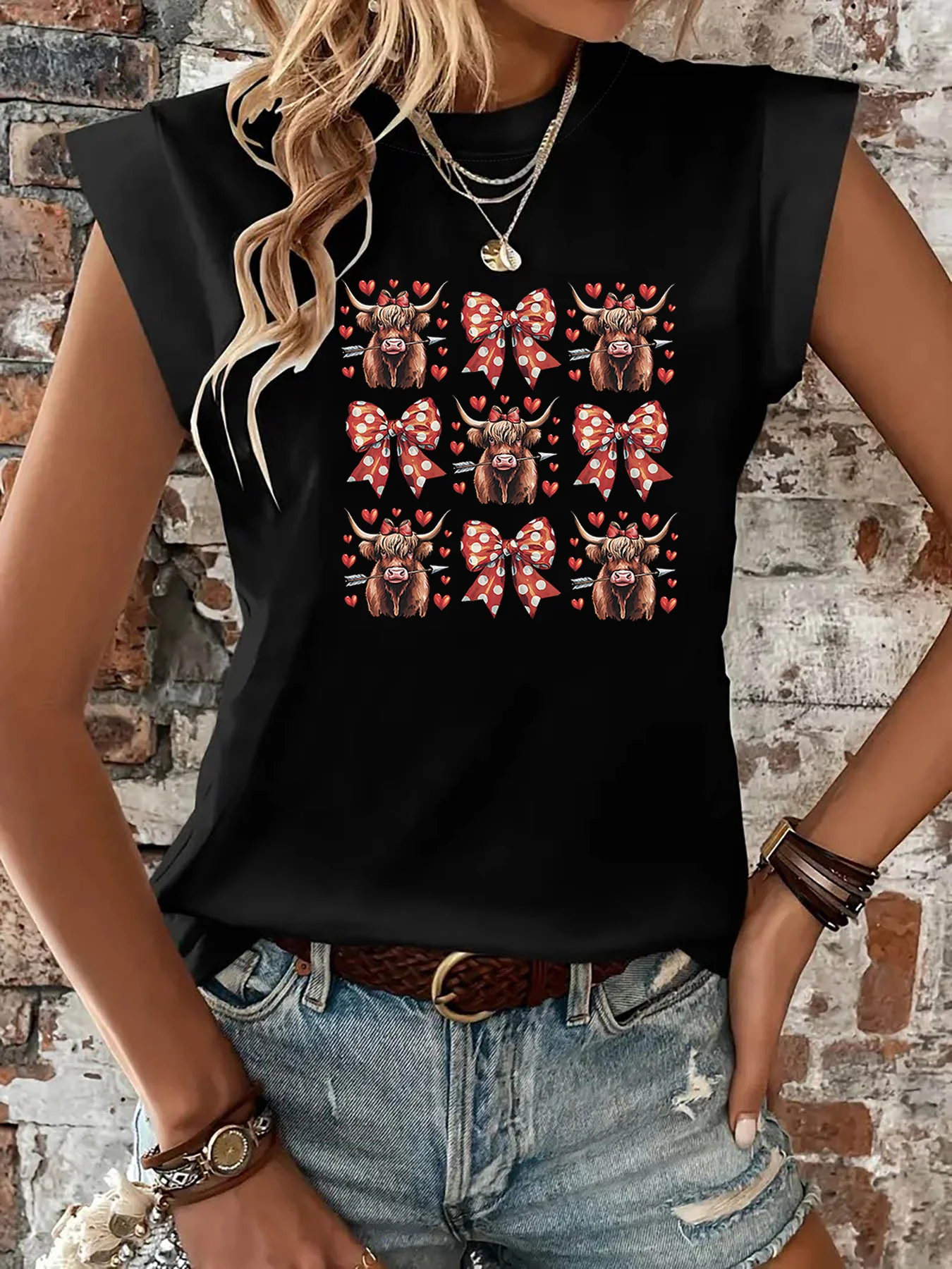 

Valentine's Day Women's Short Sleeve T-shirt Highland Cow & Bow Graphic Print Crew Neck Casual Daily Top For Summer & Spring