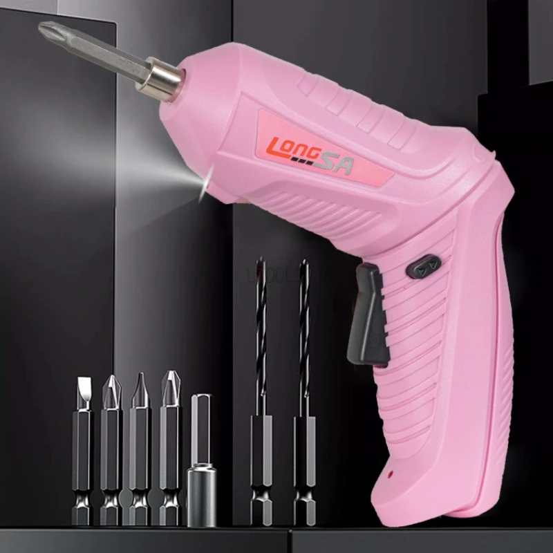 Multi-functional Electric Screwdriver Set with LED Light Rechargeable Pink Wireless Drill Professional Household Power Tools