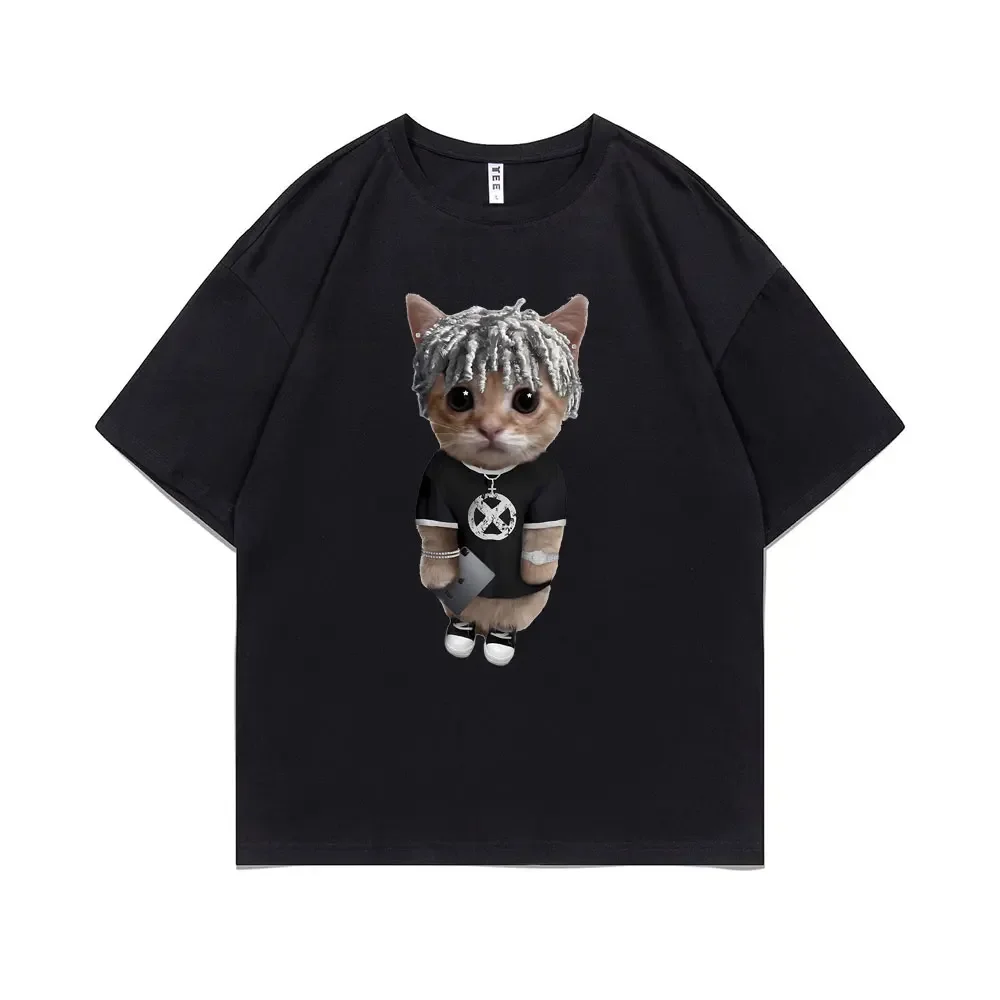 

2025 Fun Kitten Print Summer T-shirt Hip Hop trend Loose casual comfortable Fashion 100% cotton round neck short sleeve T-shirt