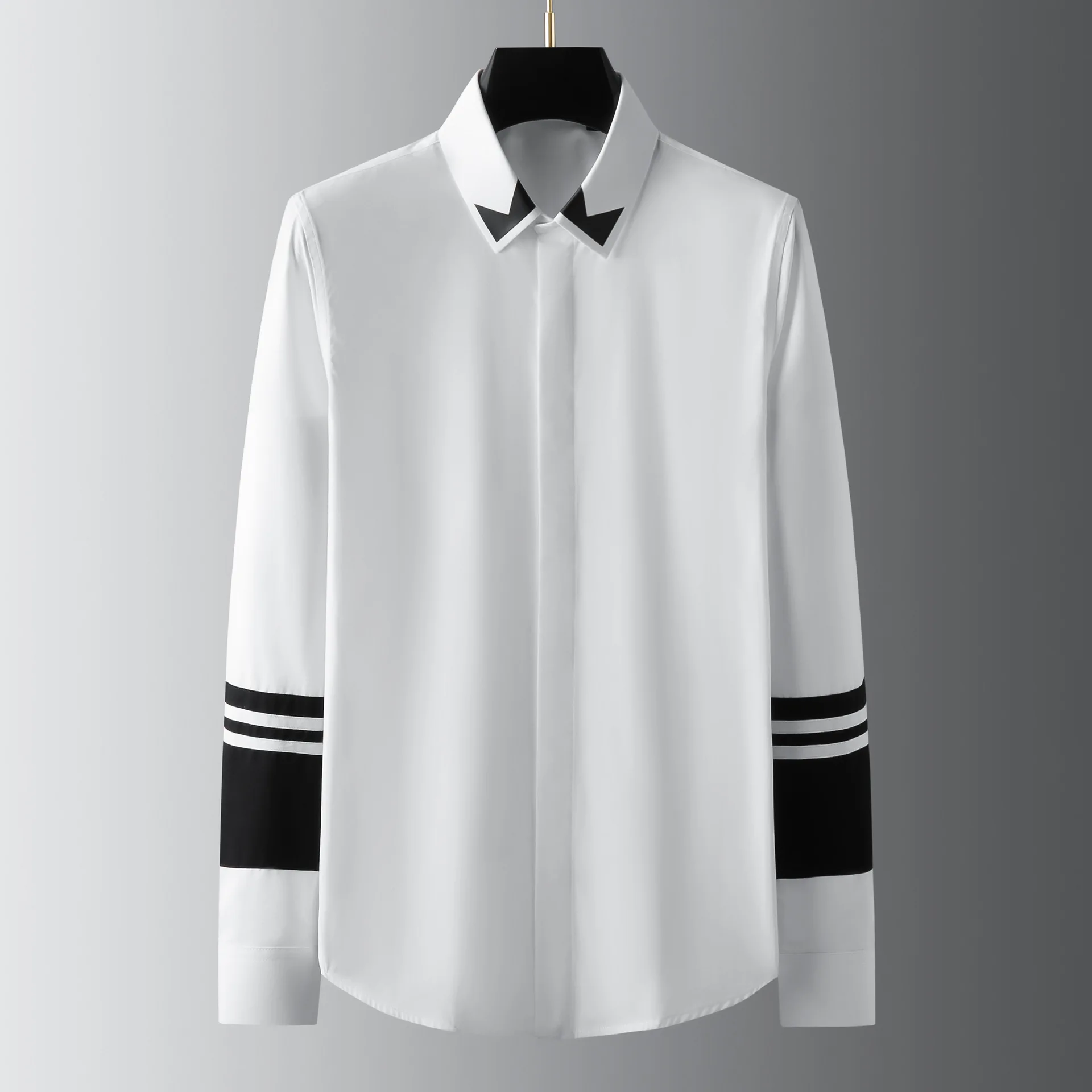 New collar pressed rubber sleeves black and white patchwork decoration men's long sleeves slim fit casual handsome shirt