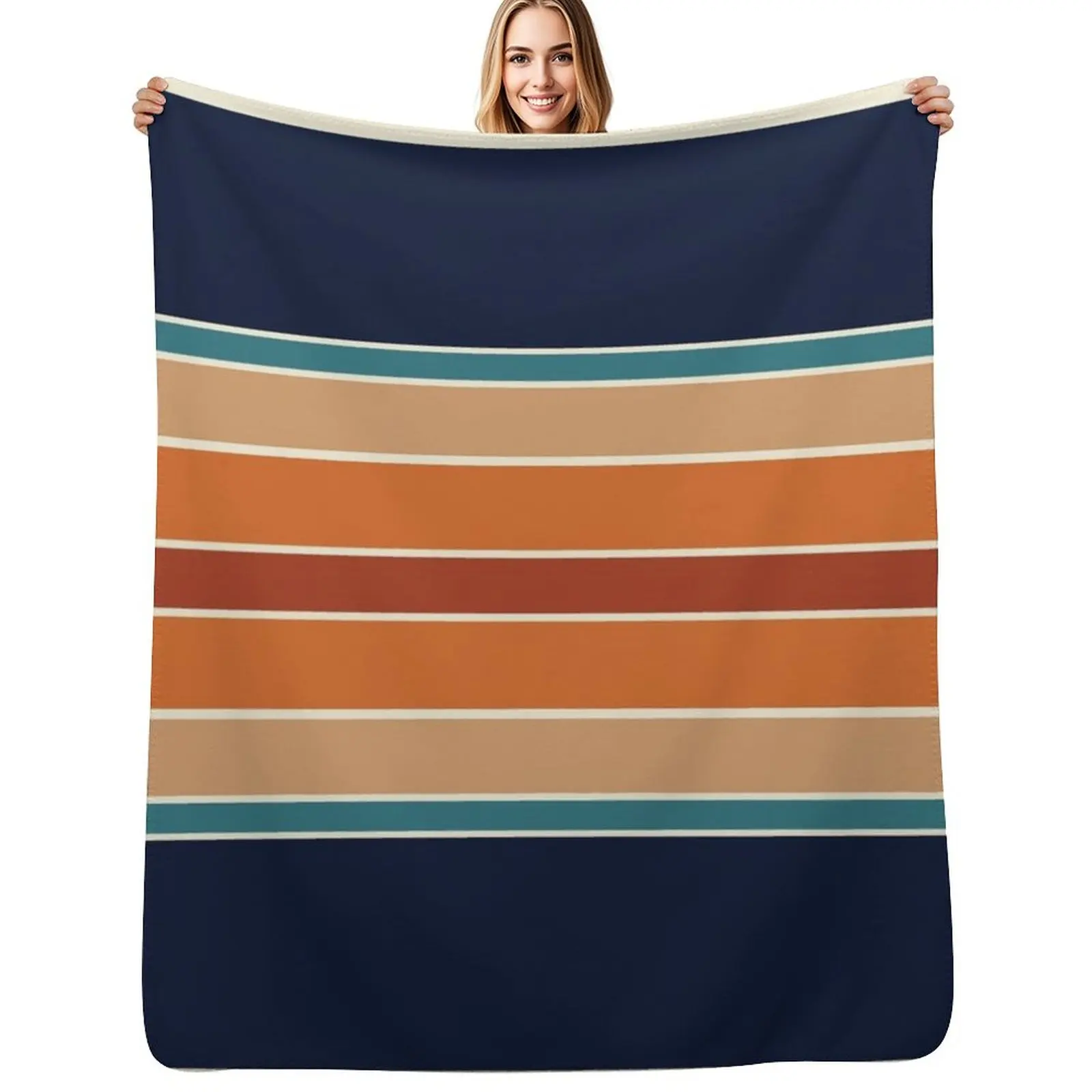 

Retro Stripes Mirror Orange Rust and Blue Throw Blanket Color Fast Cozy Throw Blanket