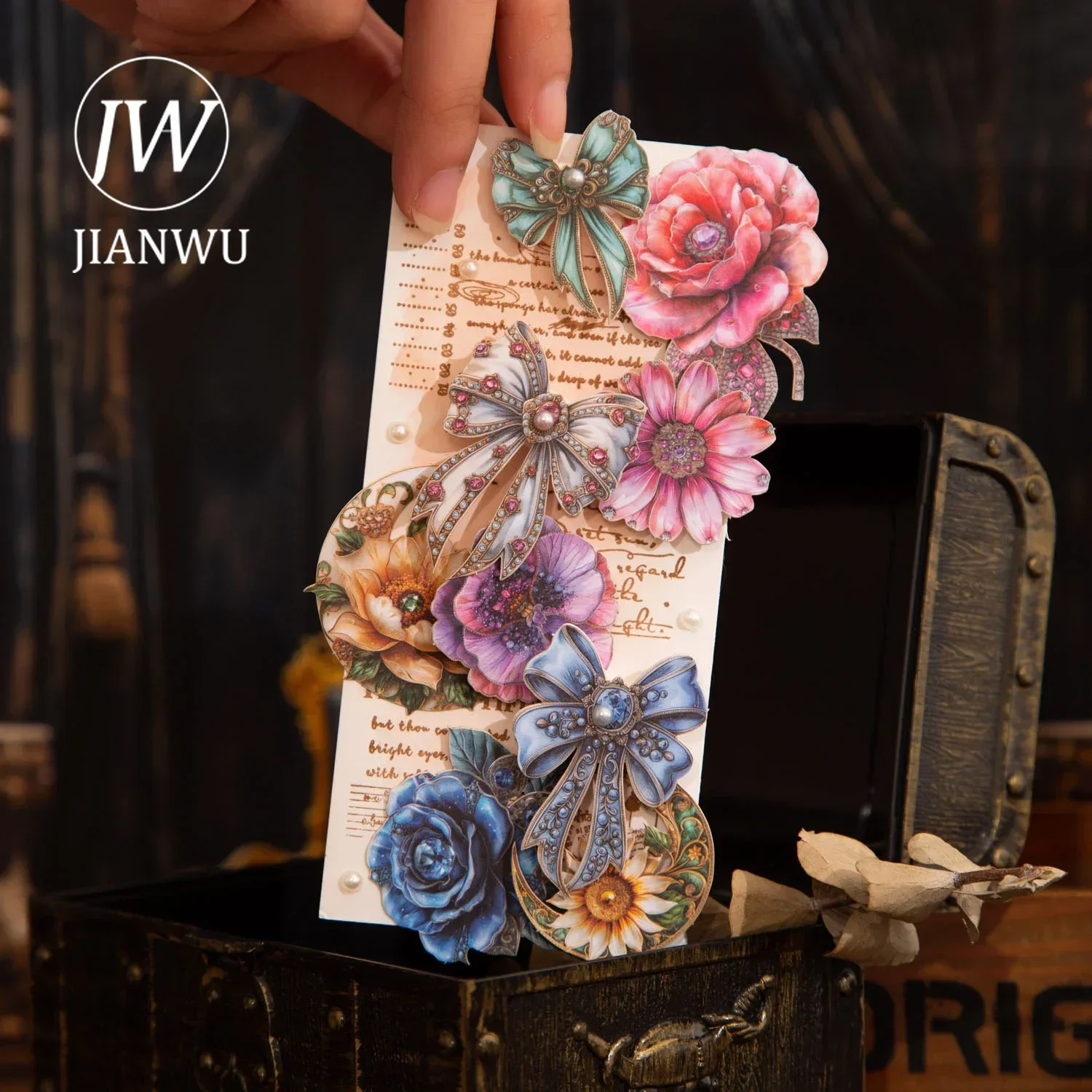 JIANWU Pearl Treasure Box Series Vintage Flower Bow Tie Landscaping Material Collage Sticker Creative DIY Journal Stationery