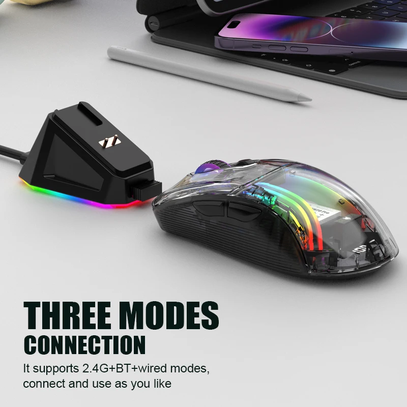 New XYH20 PRO 2.4G Wireless Bluetooth Wired Three-mode Transparent Mute Mouse RGB Light Magnetic Charging Base Game Mouse