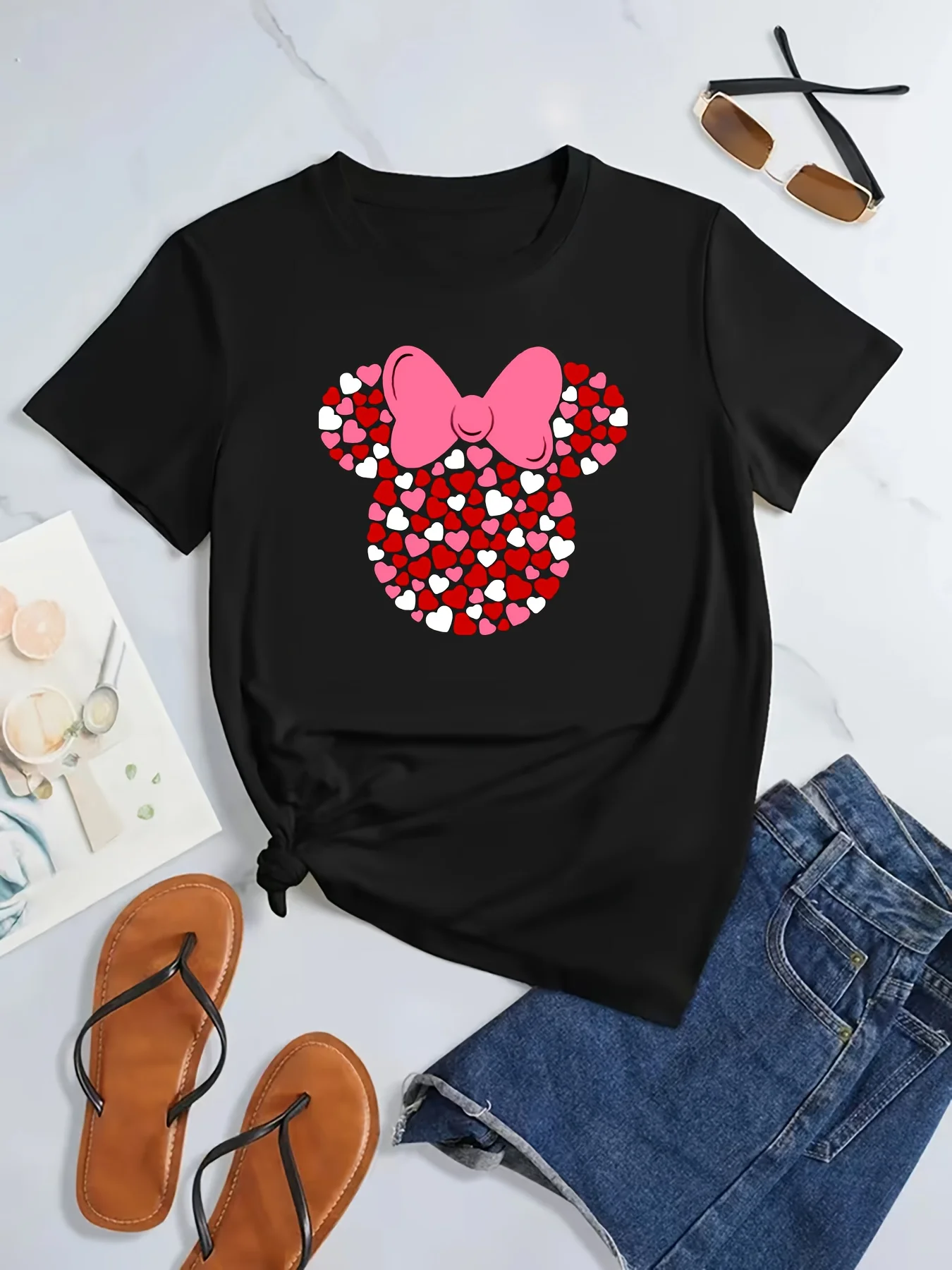 

Women's Pink Cartoon Bow Print Casual Crew Neck Short Sleeve Sport T-Shirt