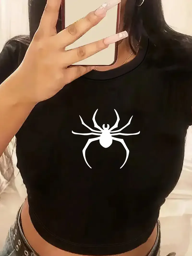 2000S Y2k Cropped Anime Spider Women's Chic Graphic Crop Top Casual Street Style Short Sleeve Round Neck Female T-shirt