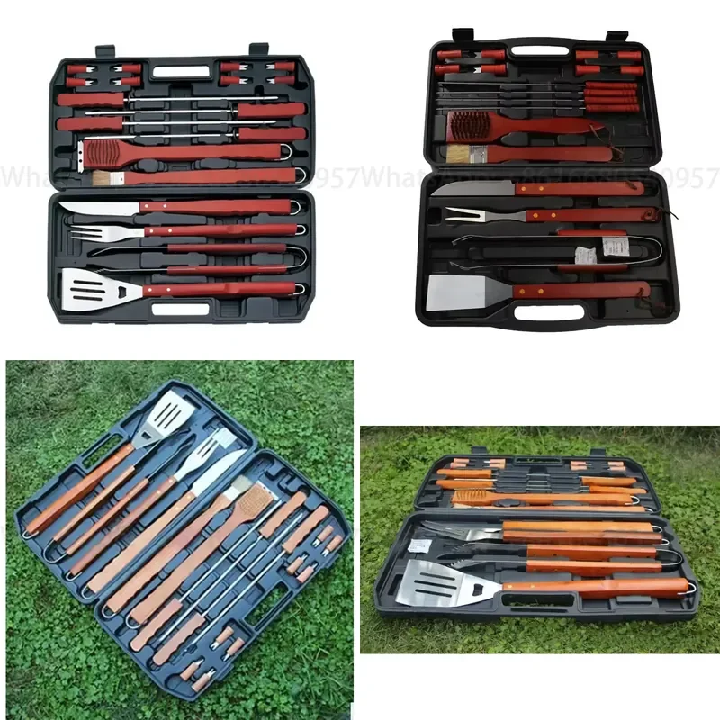 18PCS Multitool Kit Stainless Steel BBQ Set Wooden Handle Bbq Tool Set Griddle Accessories Set (Without Knife by RTS)