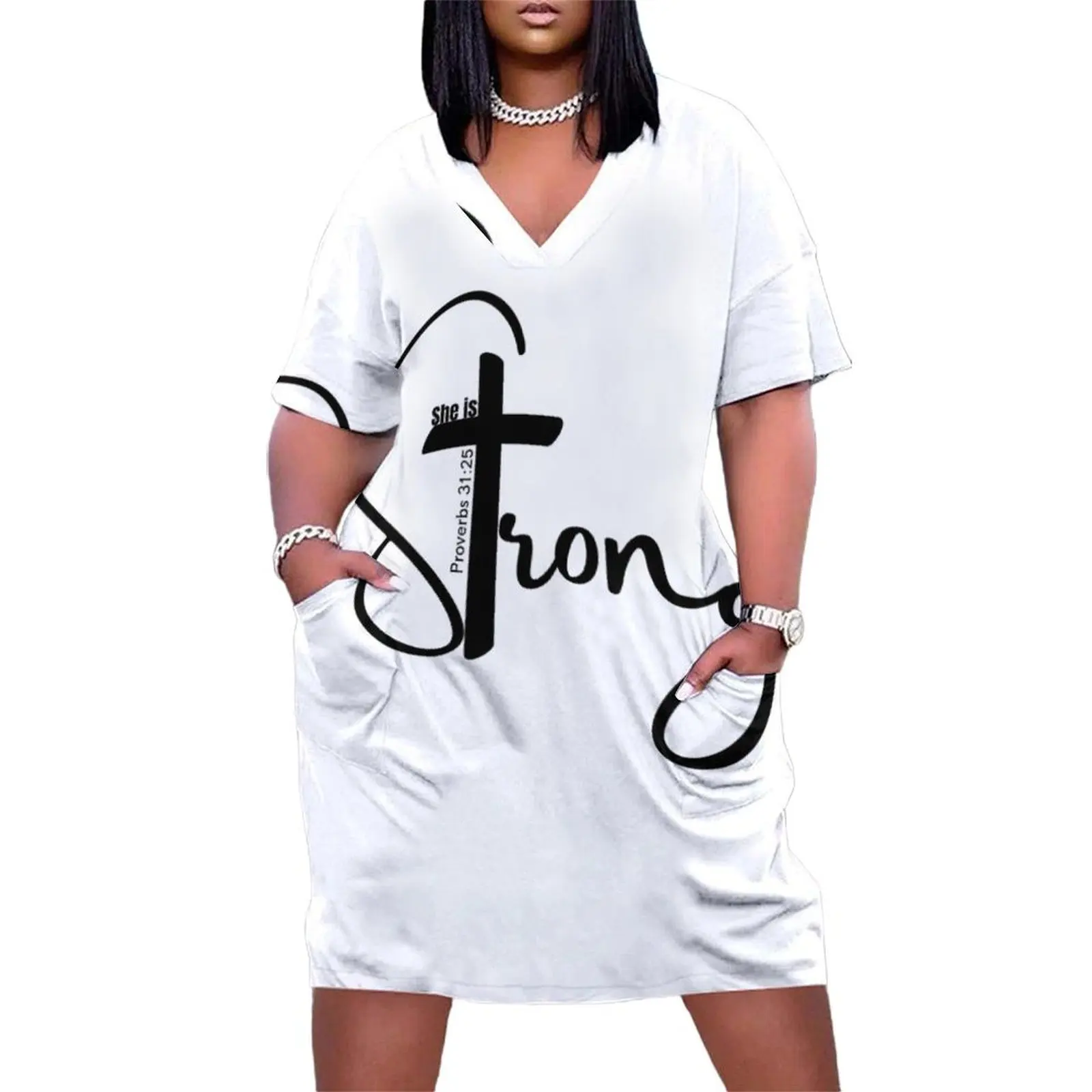 Sprüche 31:25 Sie ist stark. Kleider mit lockeren Taschen und langen Ärmeln. Partykleider für Damen