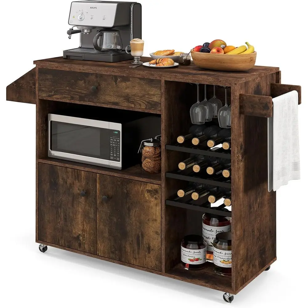 

Kitchen Island on Wheels, Rolling Kitchen Storage Trolley with Drop Lea Worktop, Der, Wine Rack, Glass Holder, Open & Adjustable