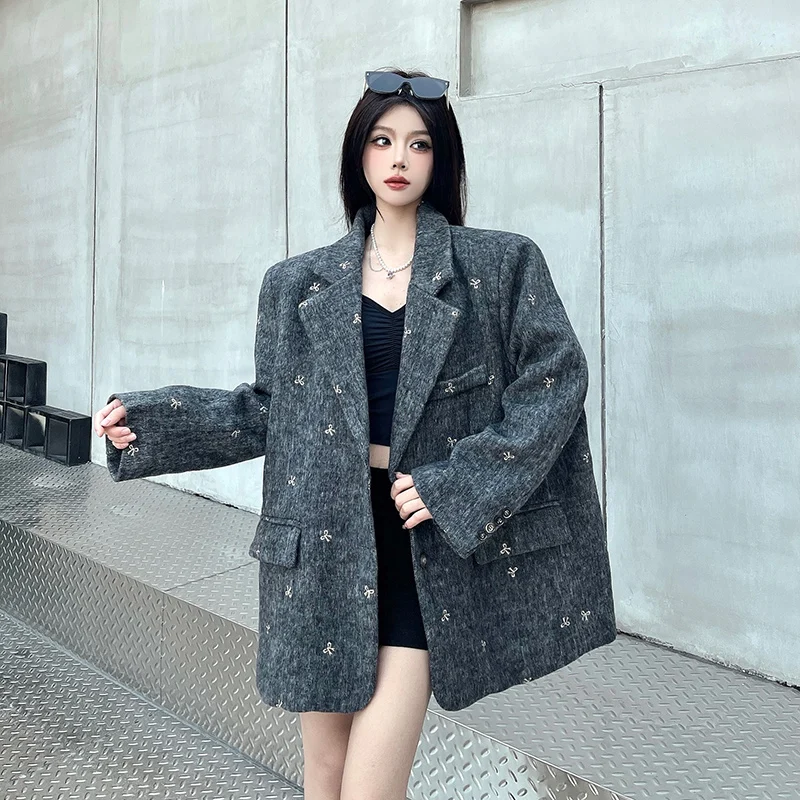 

Шерстяные пальто SuperAen с бантом для женщин, осень-зима 2026, новый дизайн, элегантные, с подплечниками, оверсайз, свободный крой, блейзер