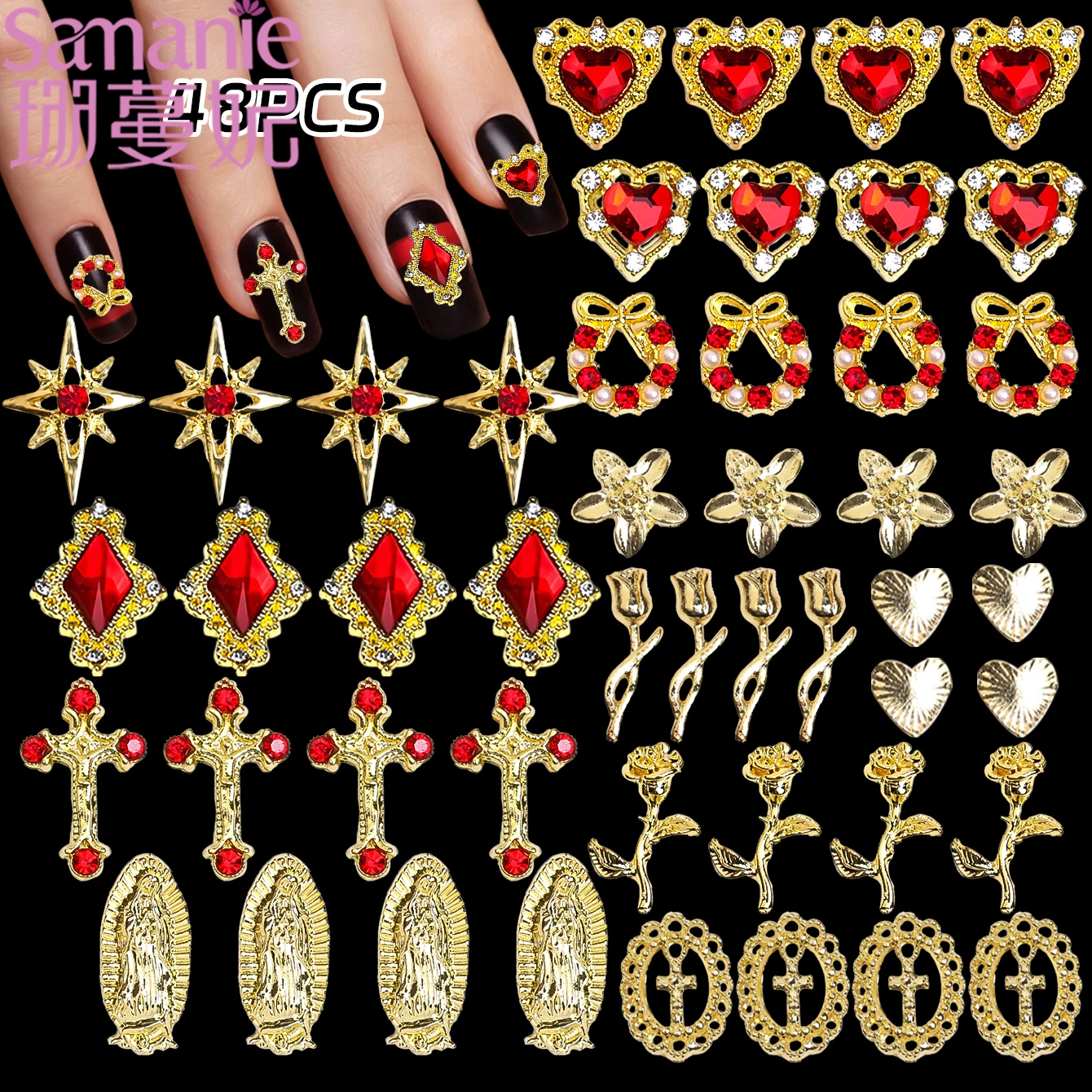 SANANIE 48Pcs Chic Vintage Rose Heart Cross Nail Art Charms Gothic Y2K Red Diamond Gold Silver Metal Style Nails DIY Decorations