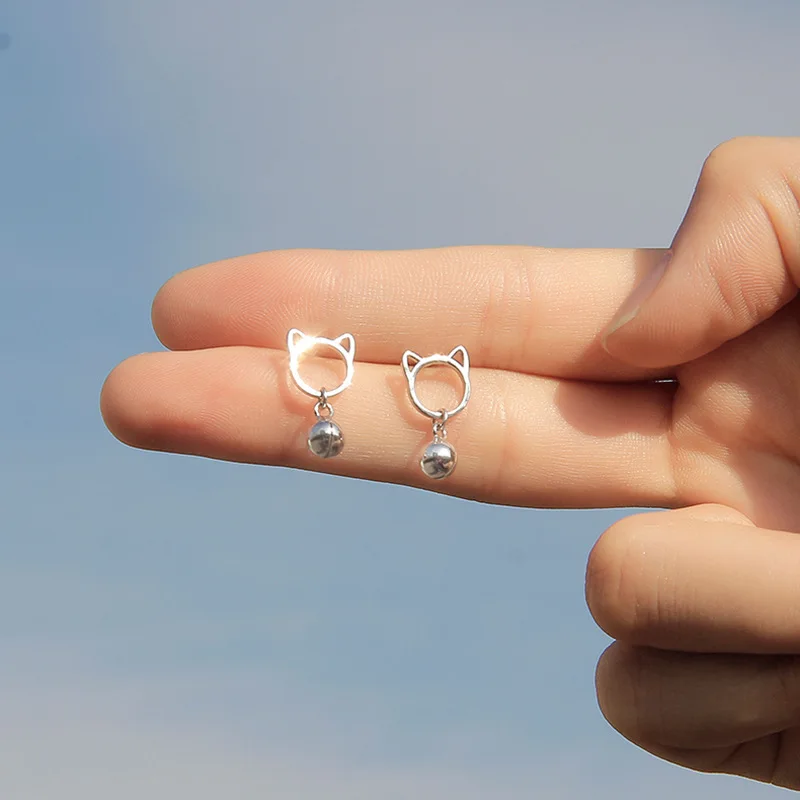 

925 Sterling Silver Cute Cat Ear Stud Earrings Fashionable Bell Pendant Korean Style Simple Elegant High End Earrings for Women
