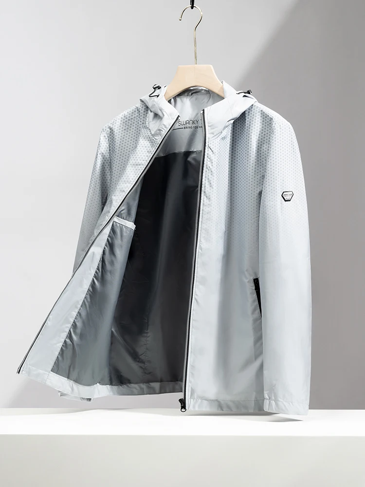 

Casual Men's Hooded Jaet Faionable Spring Outerwear Light ey Floral Print Stand Fit Long Sve Zipper Closure Windp...