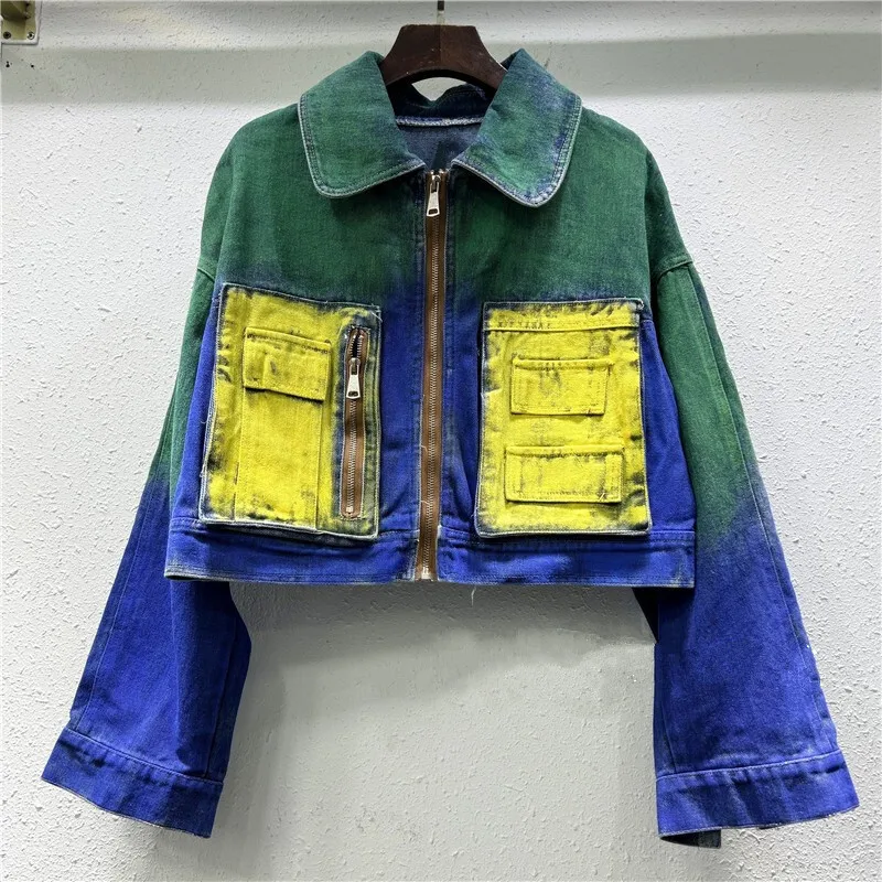 

Streetwear Fashion Contrast Color Denim Jacket Women Loose Short Cowboy Outerwear Spring Autumn Big Pocket Jeans Jackets Female