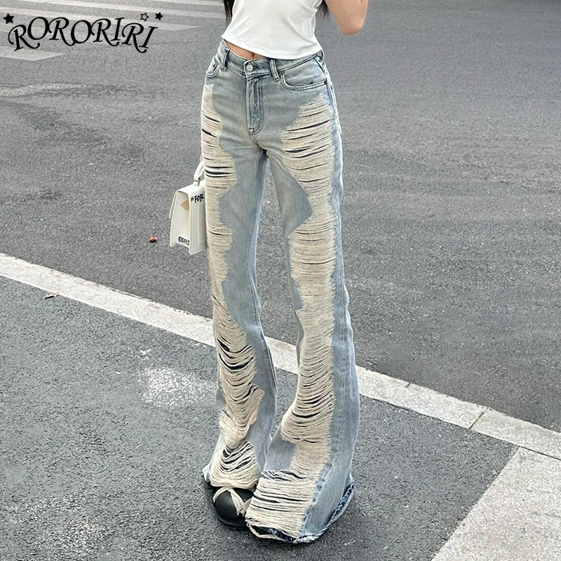

RORORIRI Grayu Washed Ripped Hole Flare Jeans Women Destroyed High Rise Distressed Denim Bell Bottoms Retro High Street Clothes