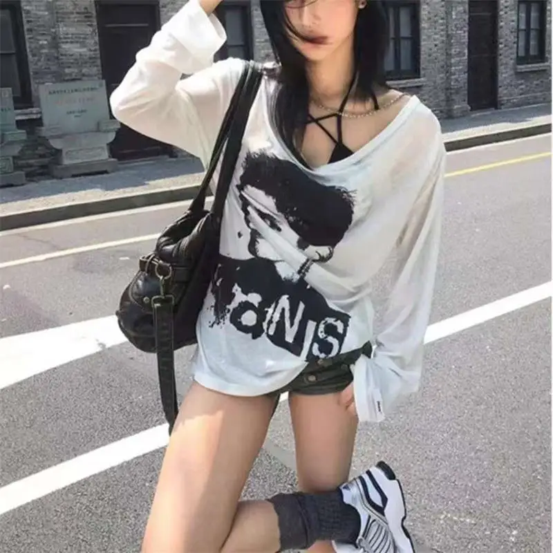 Women Y2K Gothic Grunge Loose T Shirts Off Shoulder Streetwear Fairycore Hip Hop Tops Punk Casual Long Sleeve Top Female Clothes
