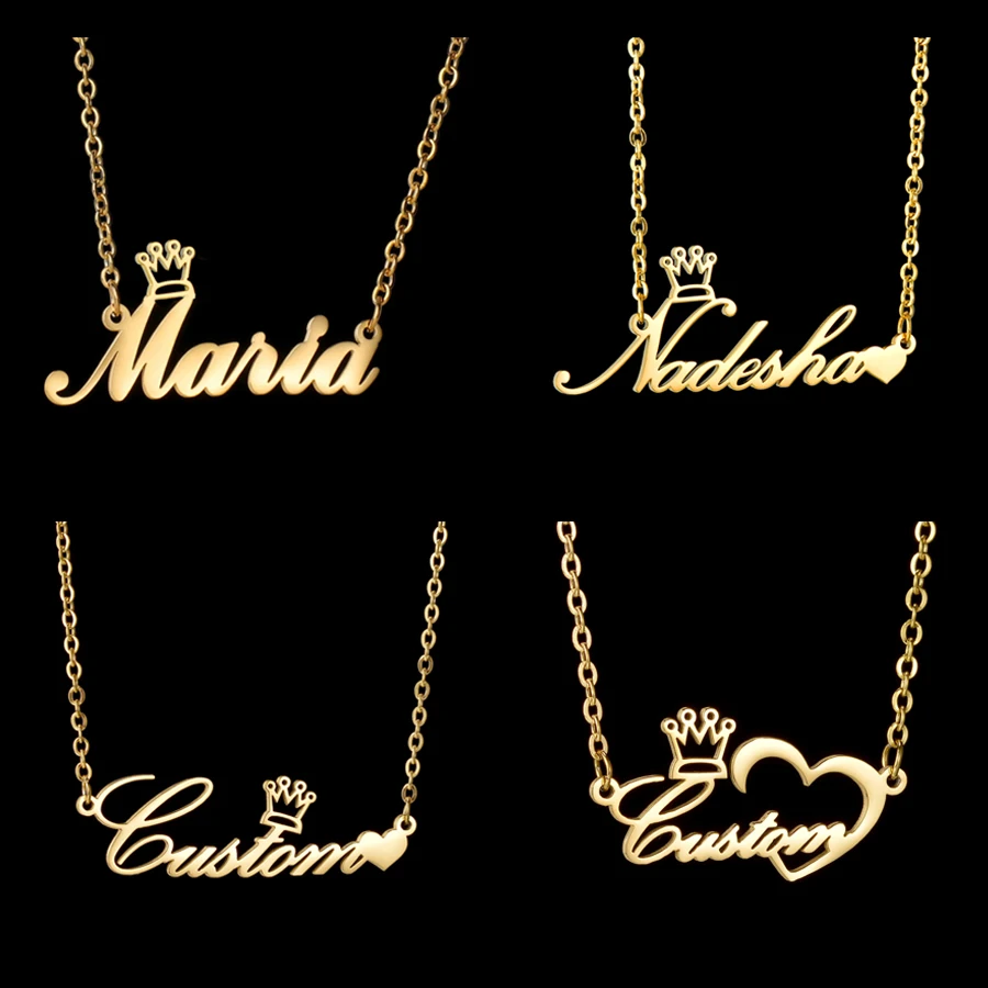 Acheerup Personalized Name Stainless Steel for Women Neckalce Customized Heart Crown Chain Pendant Christmas Kids Gift Jewerly