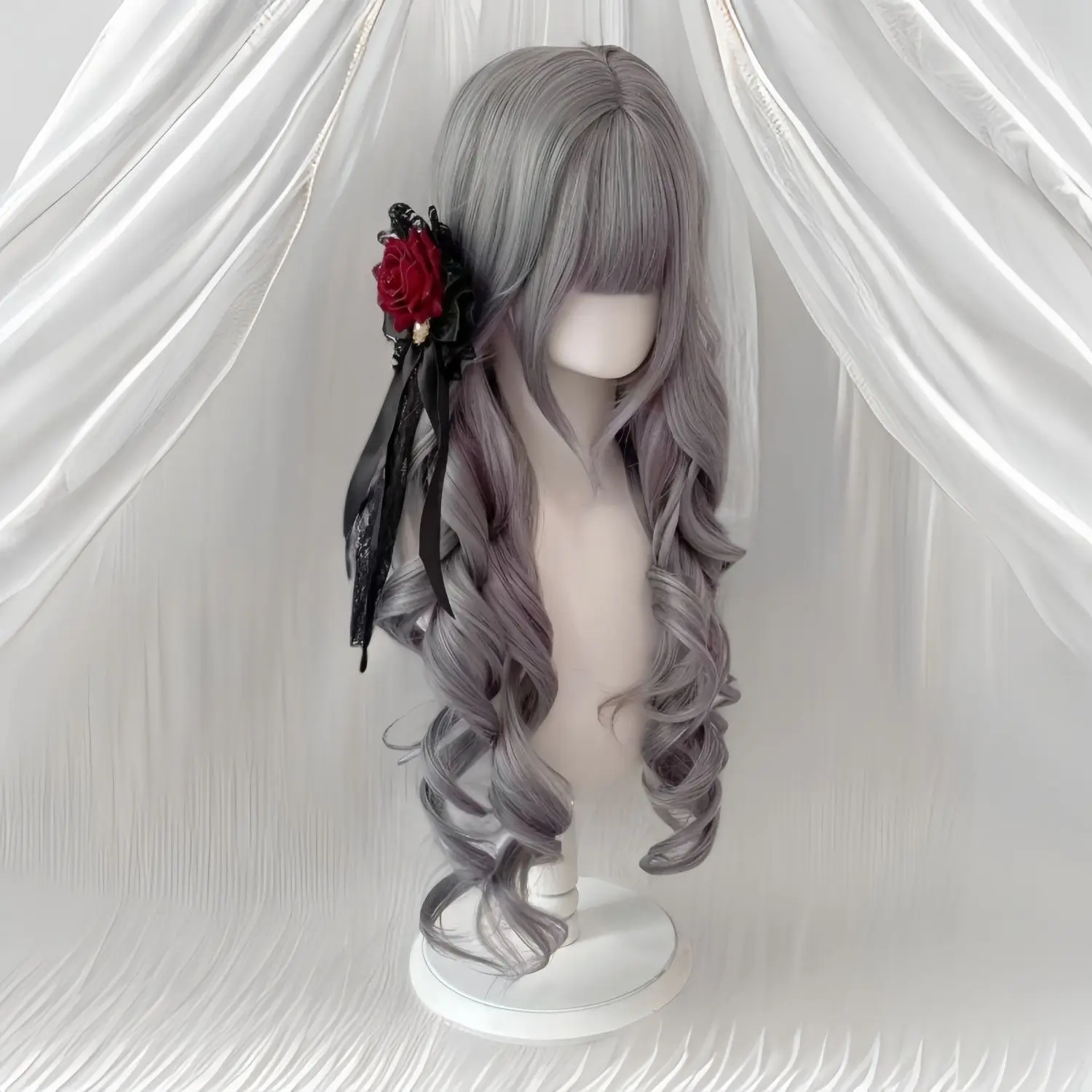 ‌ Peruca Lolita com franja de ar – cachos romanos cinza leite, caudas duplas, estilo escolar JK, franja costeletosa, cabelo sintético com touca completa