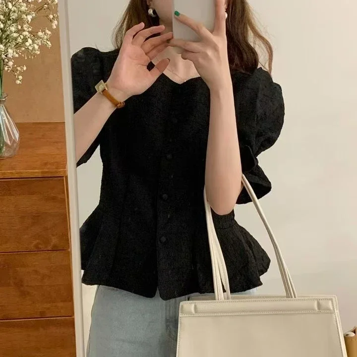 

plus Size Women's Chic round Ne irt Summer Single Button Embellied Flared Sve Blouse Korean Sle Loose Fit Top