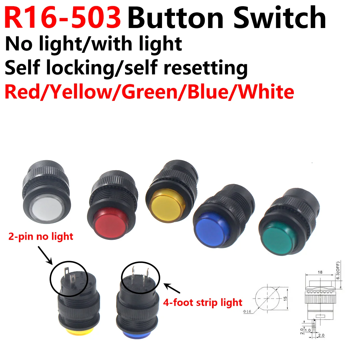 10 pièces R16 bouton de commutation d'alimentation R16-503 bleu jaune blanc LED R16-503B R16-503A bouton de réinitialisation de verrouillage 2P 4P autobloquant pas de réinitialisation de verrouillage