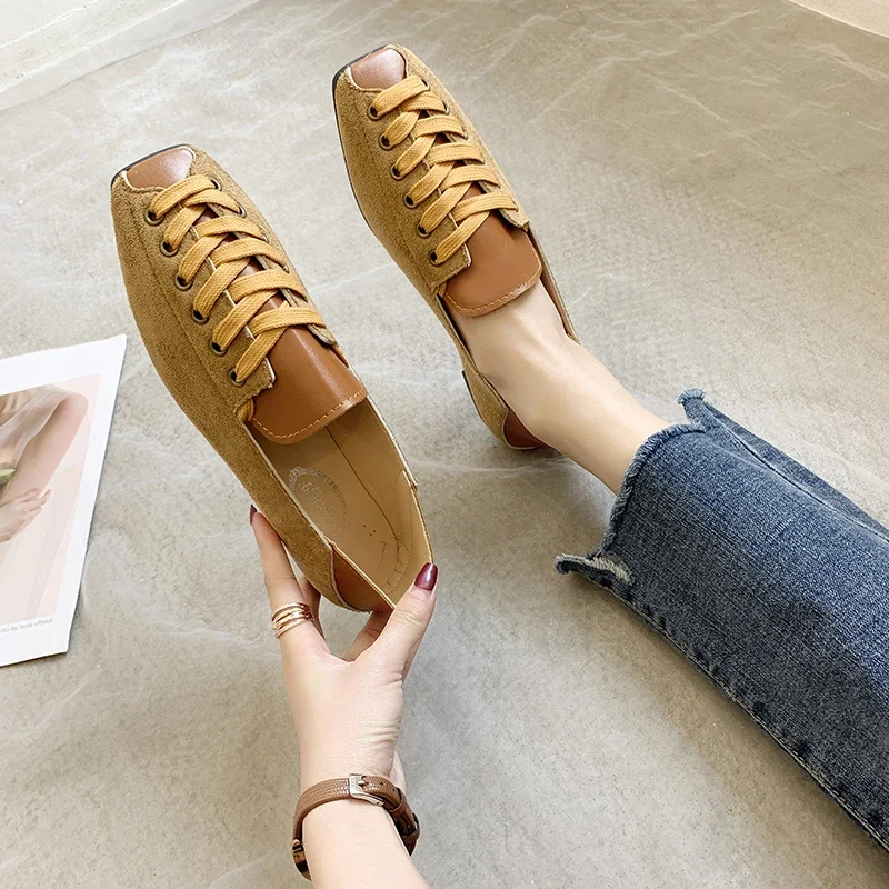 New Arrival Spring Autumn Lightweight Cross Strap Suede Women's Shoes Color Matching Casual Fashion Square Toe Low Heel Flats