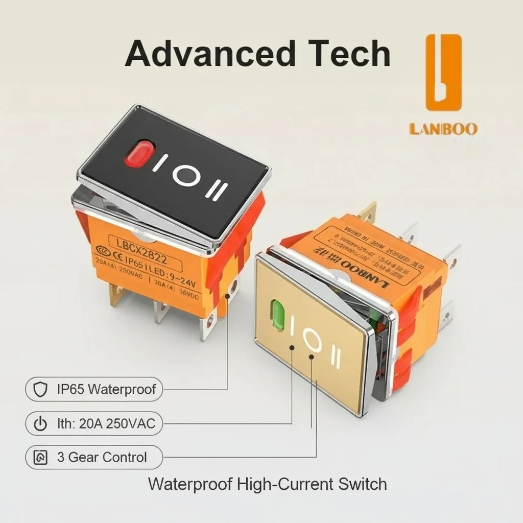 LANBOO  3-Speed 2NO2NC With Light  20A High Current Switch High-Quality New Metal Boat Rocker