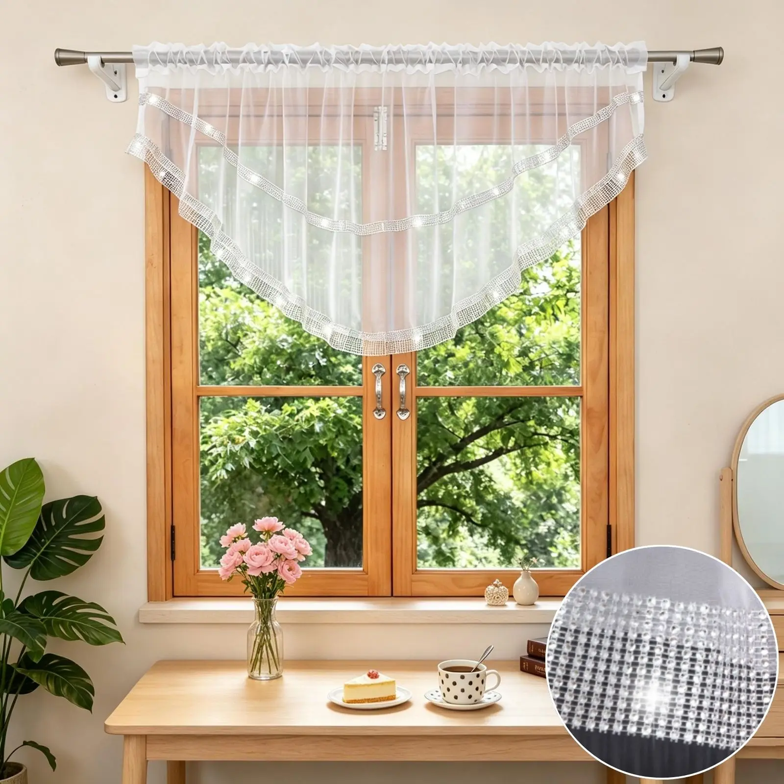1 Stück Europäischer transparenter Voile-Vorhang mit silbernem Strassbesatz, atmungsaktiver Vorhang für Küche und Wohnzimmer, schönes Einweihungsgeschenk