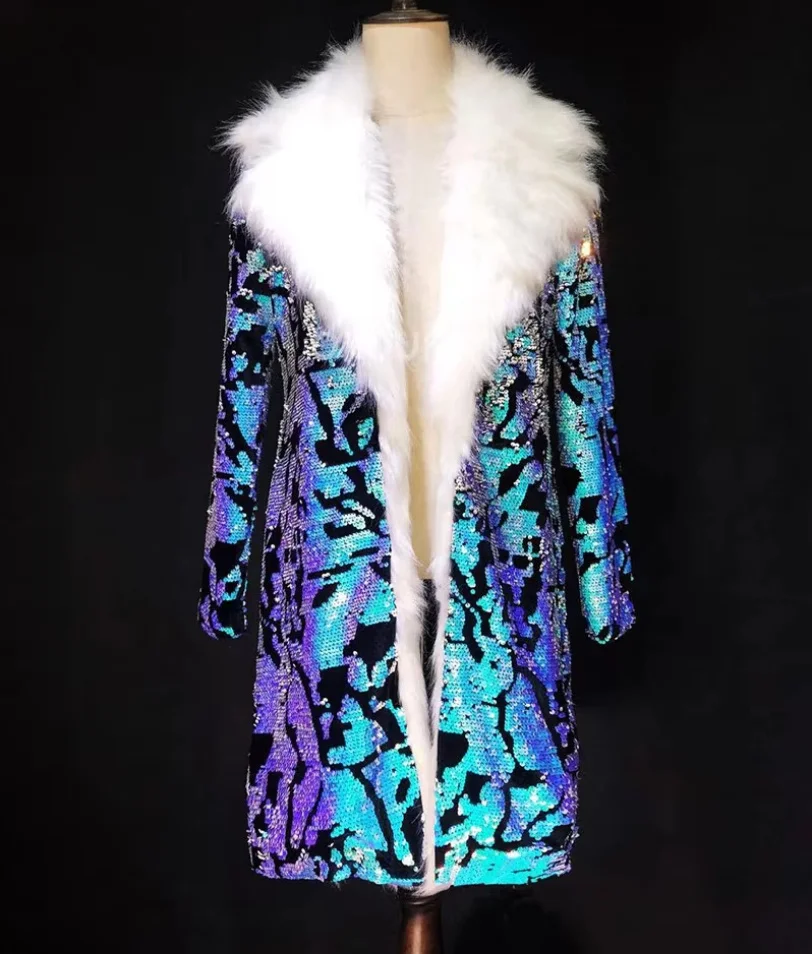 Fashion Male Singer Dancer Blue Colorful Fur Collar Long Coat Party Show Theme Stage Performance Cotumes